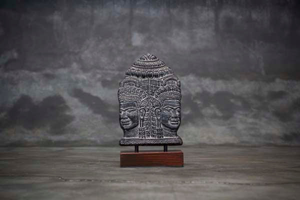 Decorative Cement Relief with Two Buddha Faces on a Base