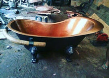 Load image into Gallery viewer, Handcrafted Copper Freestanding Bathtub With A Teak Towel Bar - Spa Quality