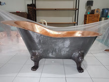Load image into Gallery viewer, Handcrafted Copper Freestanding Bathtub With A Teak Towel Bar - Spa Quality